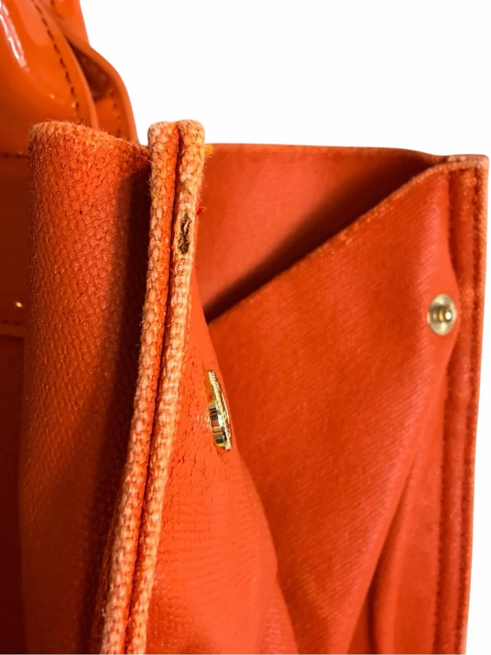 Tory Burch Orange Canvas Tote Patent Leather Trim Embossed Logo Bag